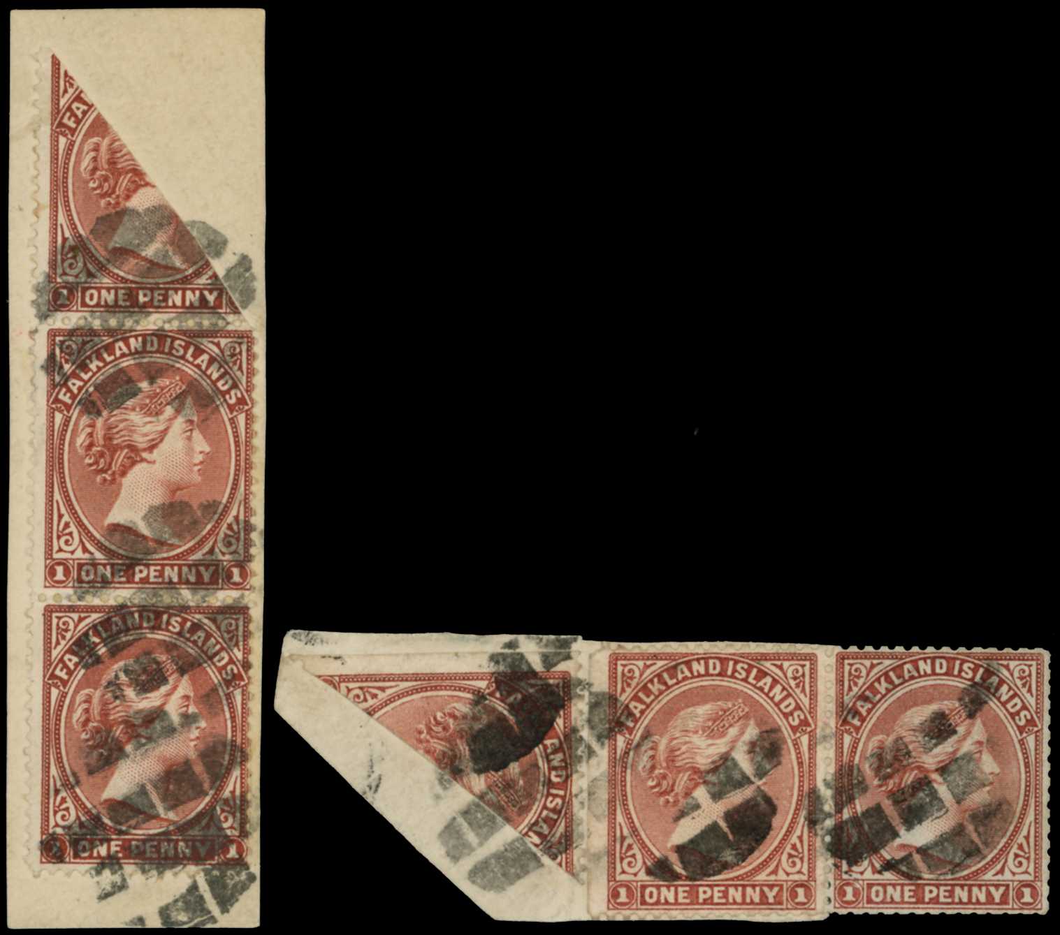 1891 1d red-brown two pieces with two...
