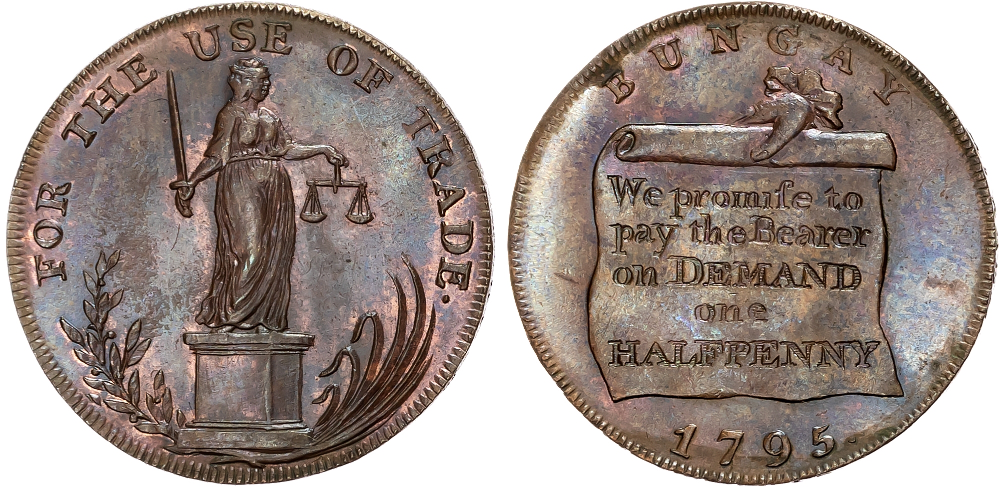 Suff. Bungay , Samuel Prentice, Samuel Delf & Matthias Abel (grocer, brazier and draper), Halfpenny 1795, hand holding s …