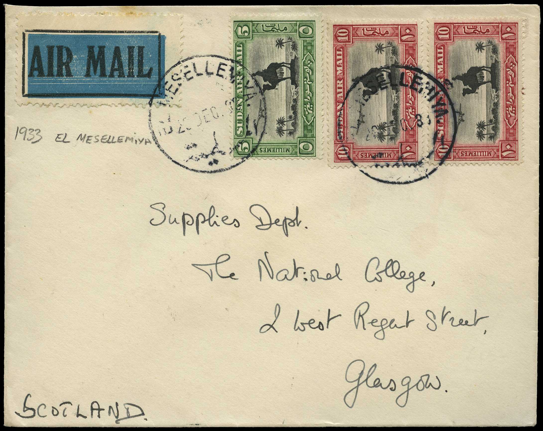 1933 Air mail cover addressed to Scotland...