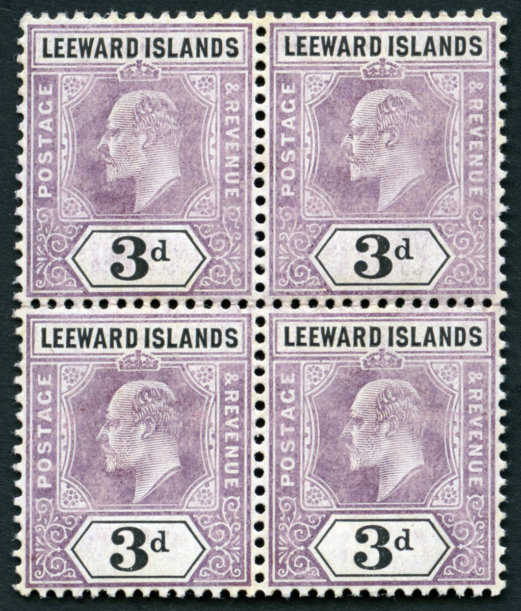 1908 3d dull purple and black on chalky paper block of four, top pair large part o.g. and lower pair u/m. Slight foxing on...