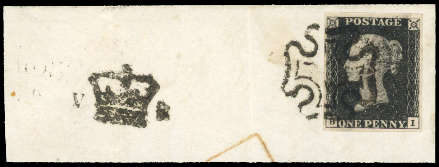 1840 1d Black Pl.7. (BI). black MC with a hand struck “V/Crown/R” inspectors mar