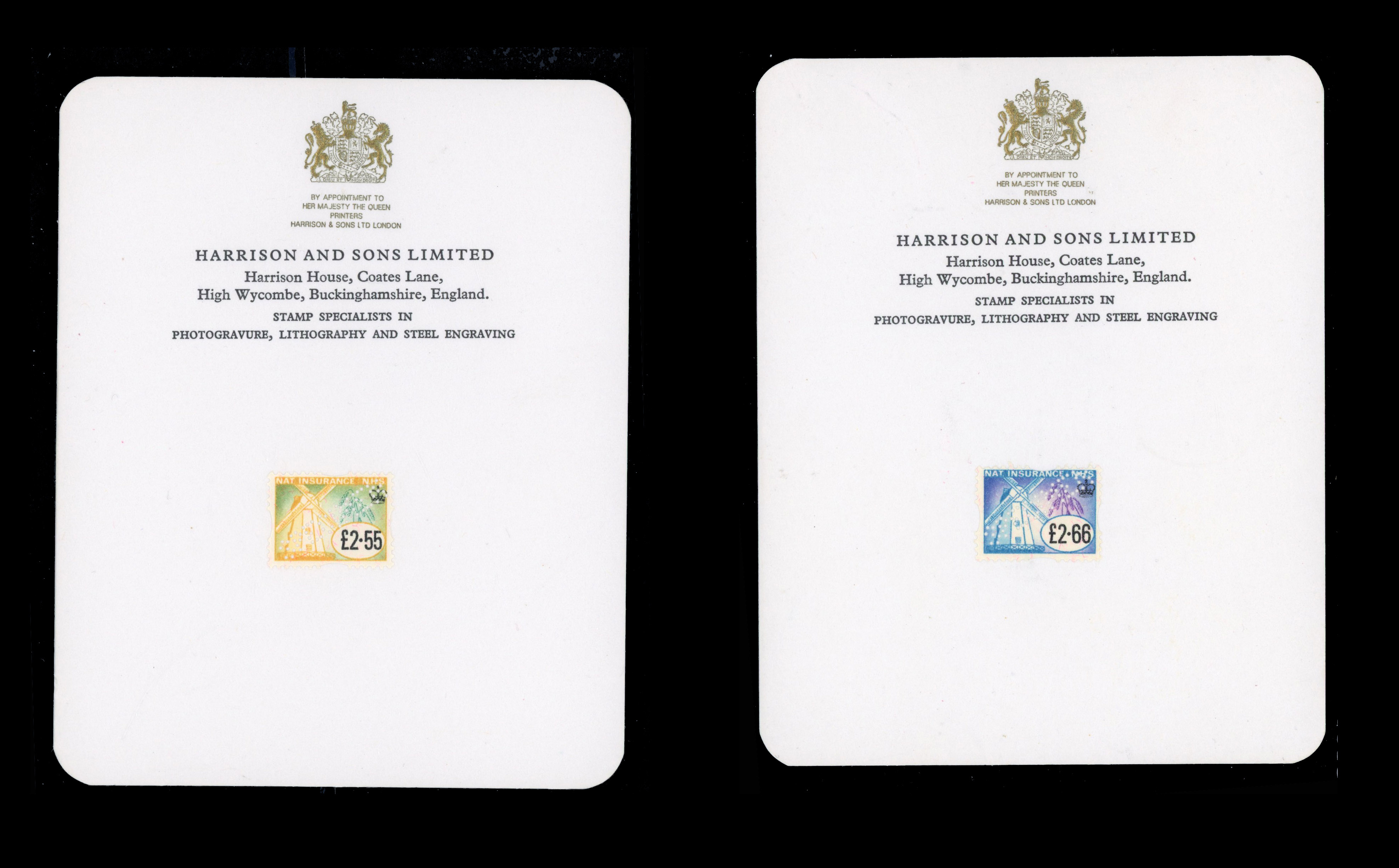 GB National Insurance two Harrison & Sons cards with £2.55 and £2.66 stamps