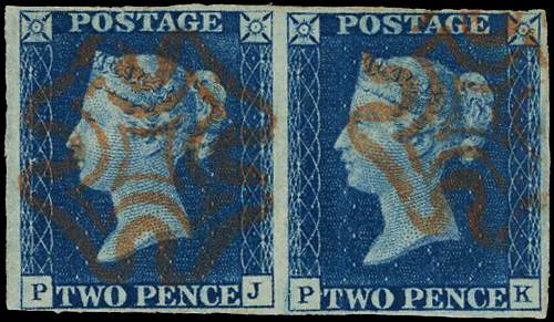 1840 2d Deep full blue Pl.1. Used four margin horizontal pair (PJ-PK)