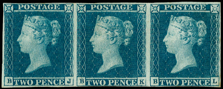 SG14 1841 2d Blue Pl.3.  Unused strip of three BJ-BL.