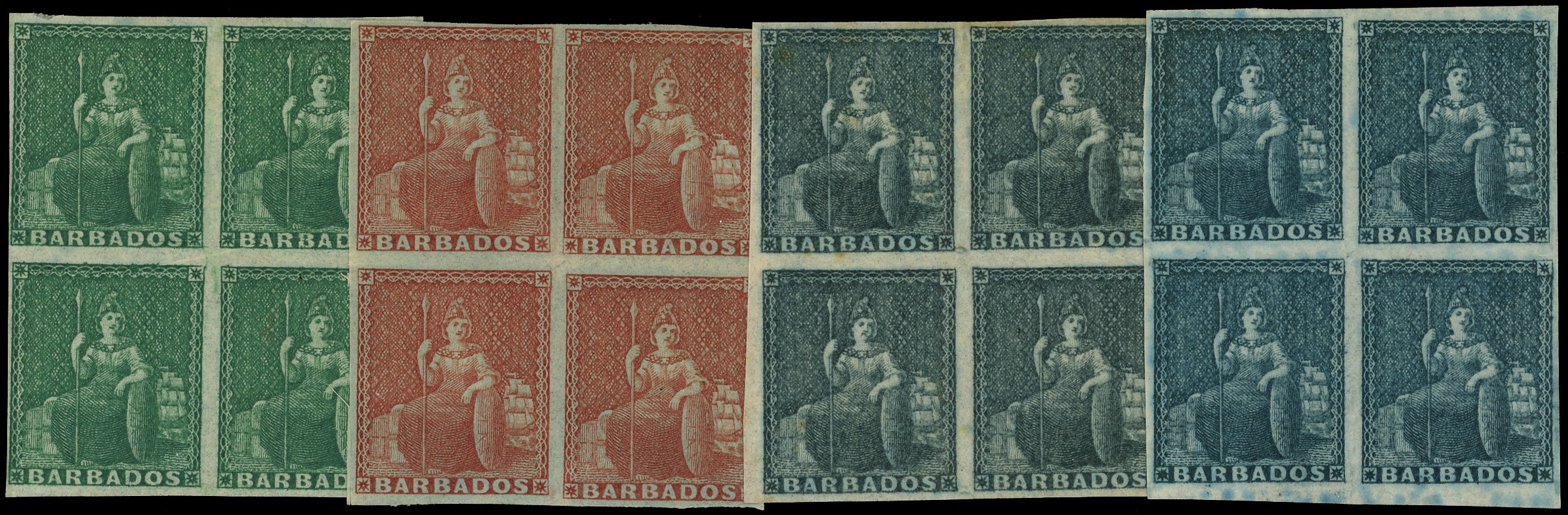 BARBADOS: 1852-55 on blued paper (½d) deep green, (2d) greyish-slate, (4d) brownish red, and prepared for use