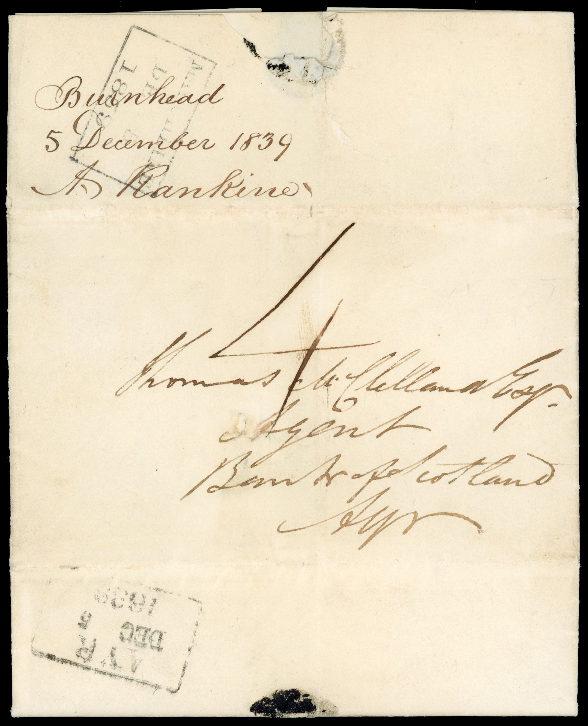 1839 Uniform Four Penny Post (Dec 5th First Day) entire to Ayr