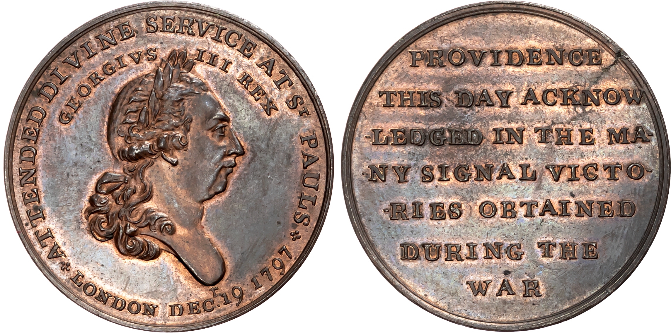 London , Political Series, Victories celebrated at St. Paul’s Penny 1797, Laureate bust of George III right, rev. 7-lin …