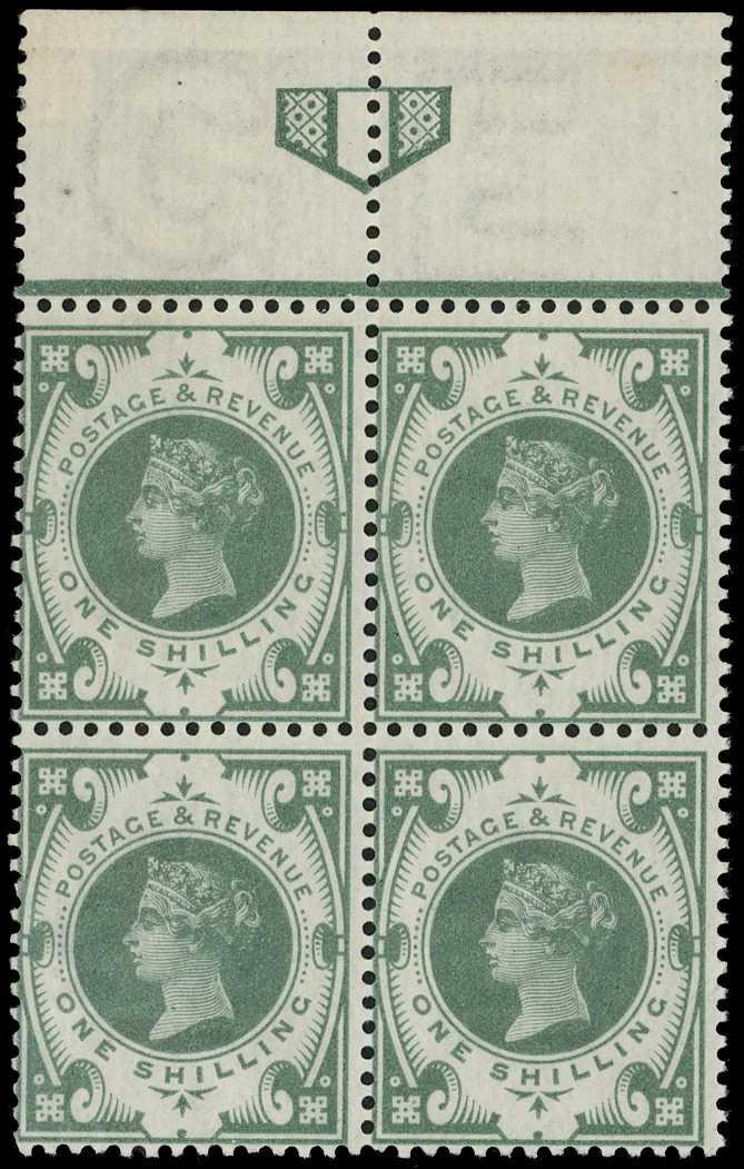 1887 1/- green top marginal block of four...