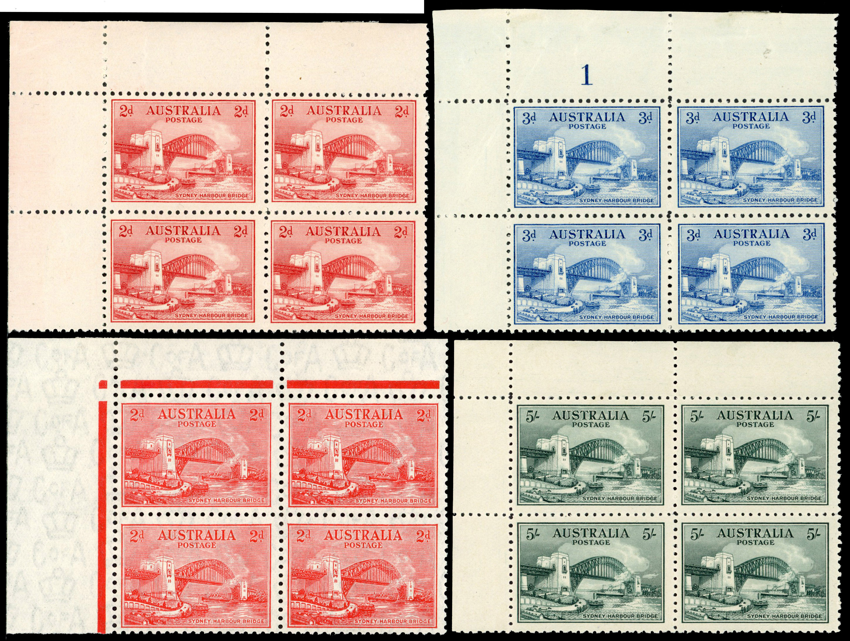 Australia SG 141/44 1932 Sydney Bridge set of 4 to 5s corner blocks unmounted
