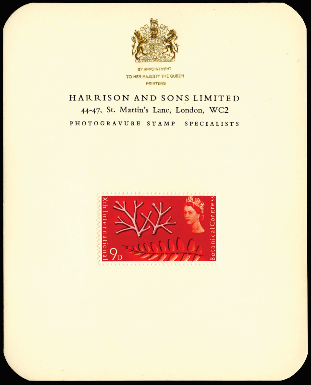 Great Britain 1964 9d Botanical congress. Very fine essay depicting ferns and branch, printed in orange-vermilion,…