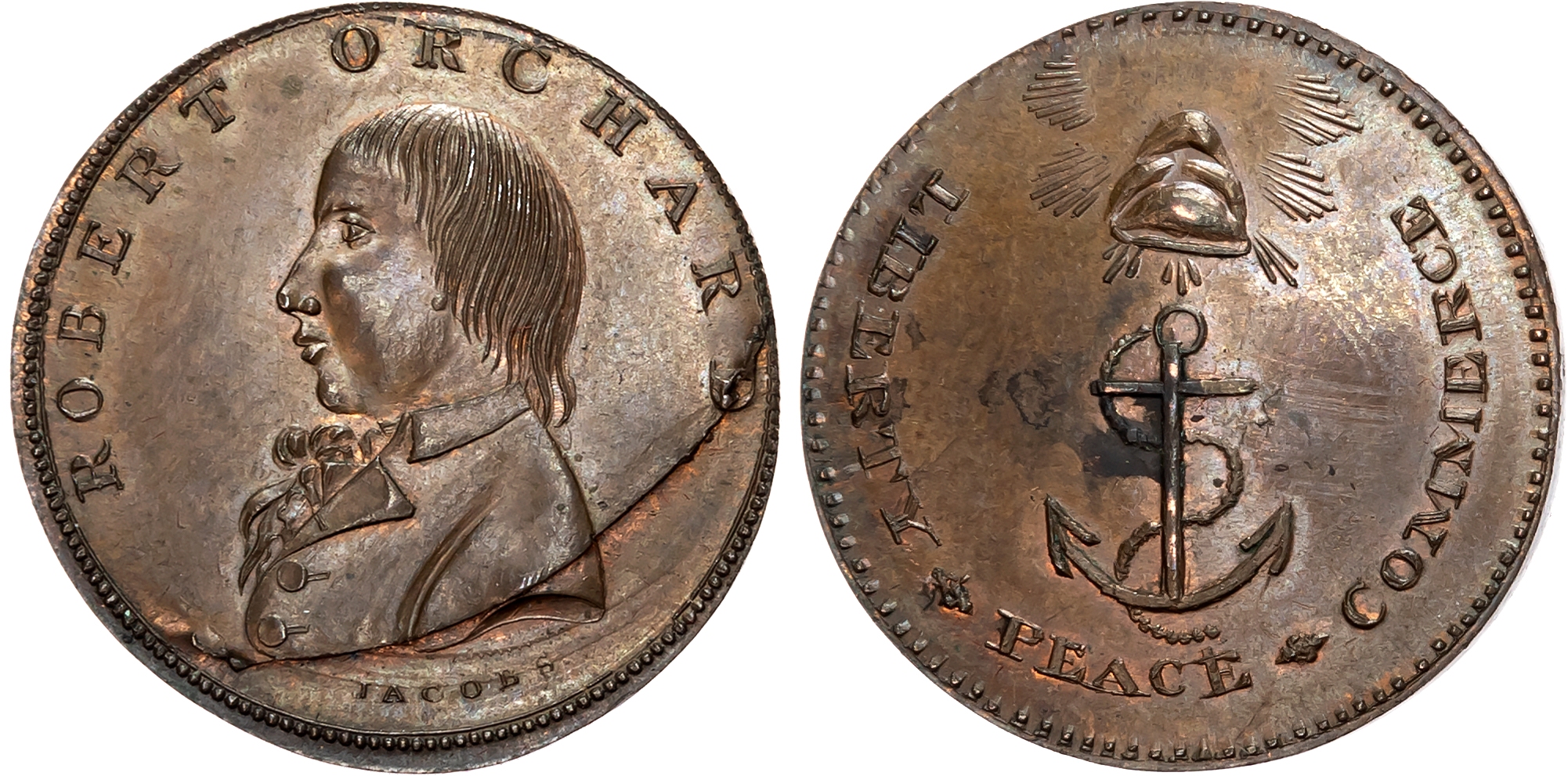 London, Soho , Robert Orchard Halfpenny, His draped bust to left, rev . Anchor and Liberty cap edge plain, 28.8mm/9.4gm. …