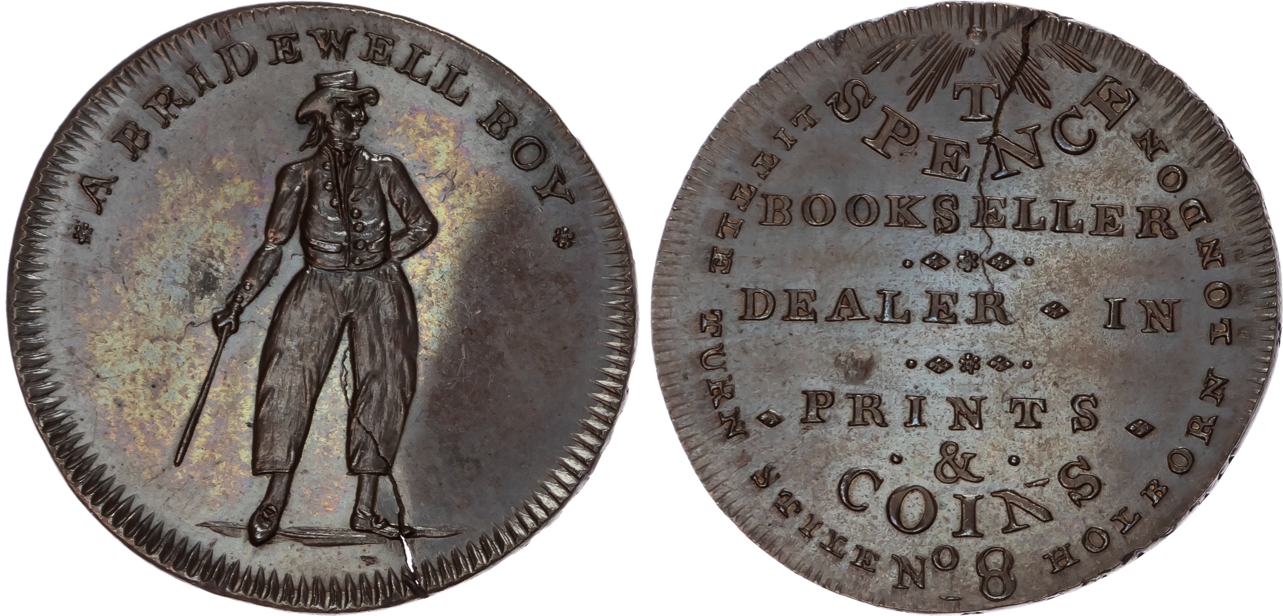 London, Holborn, Thomas Spence Halfpenny undated, 9-line advertisement, rev . A Bridewell boy standing with sw…