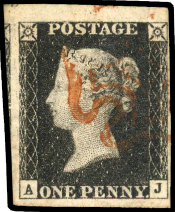 1840 1d black, plate 4 (AJ) large margins, red MC, fine SG 2