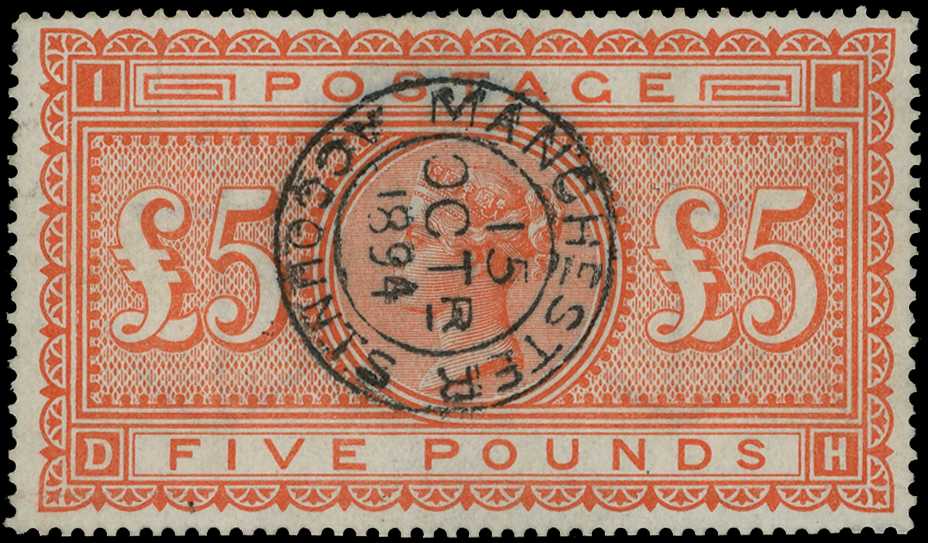 1867-83 Wmk large Anchor £5 orange (DH) on...