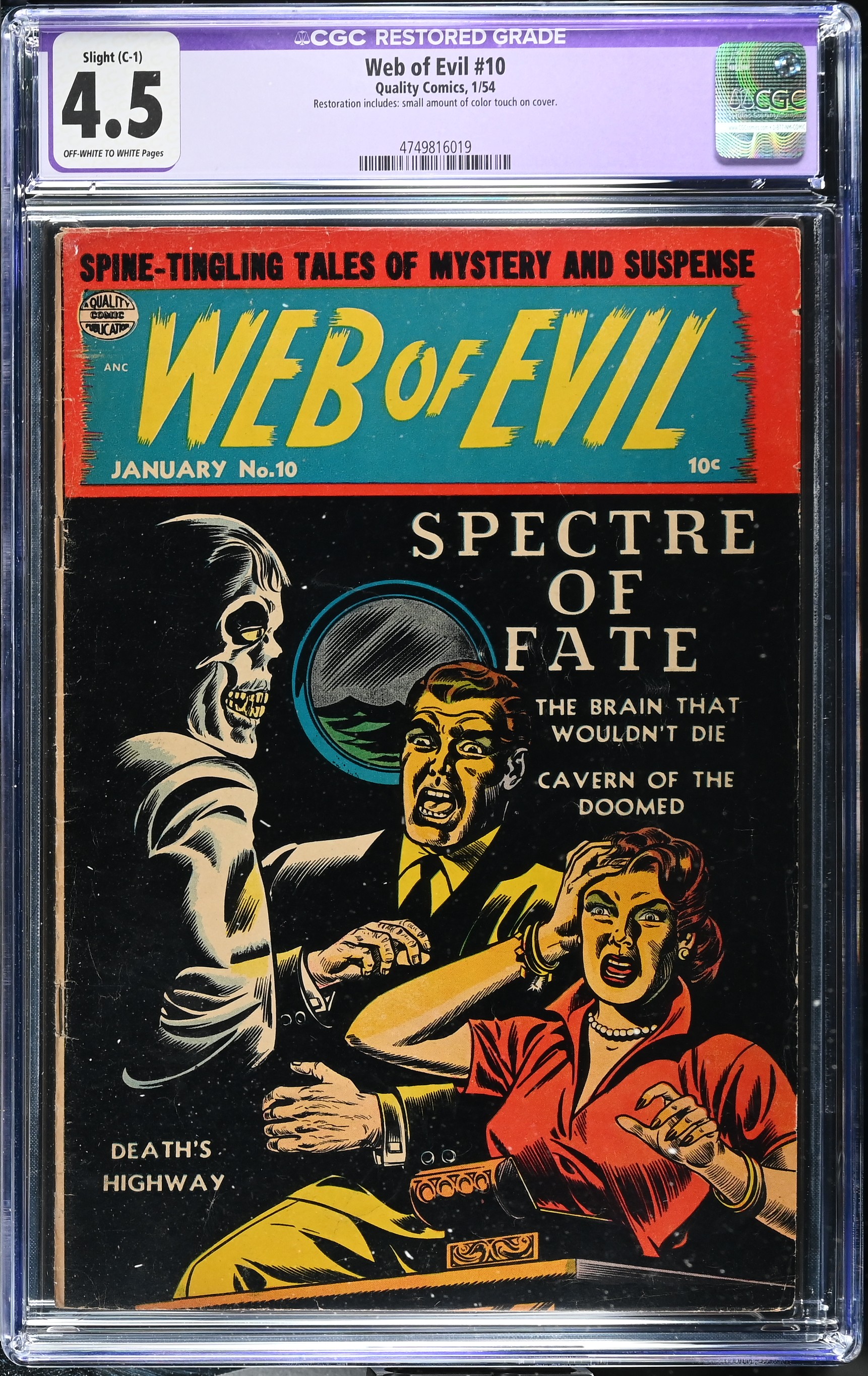 Web of Evil #10 CGC 4.5 Restored Jack Cole Art (Quality Comics, 1954) Off-White to White Pages