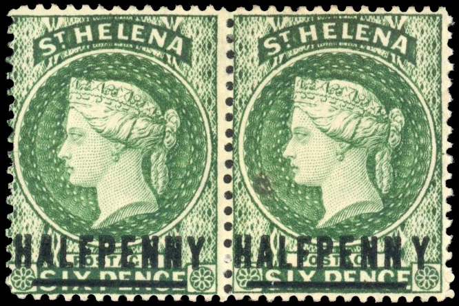 St Helena SG 34a 1884 ½d green pair, right stamp spaced 'NY' mint