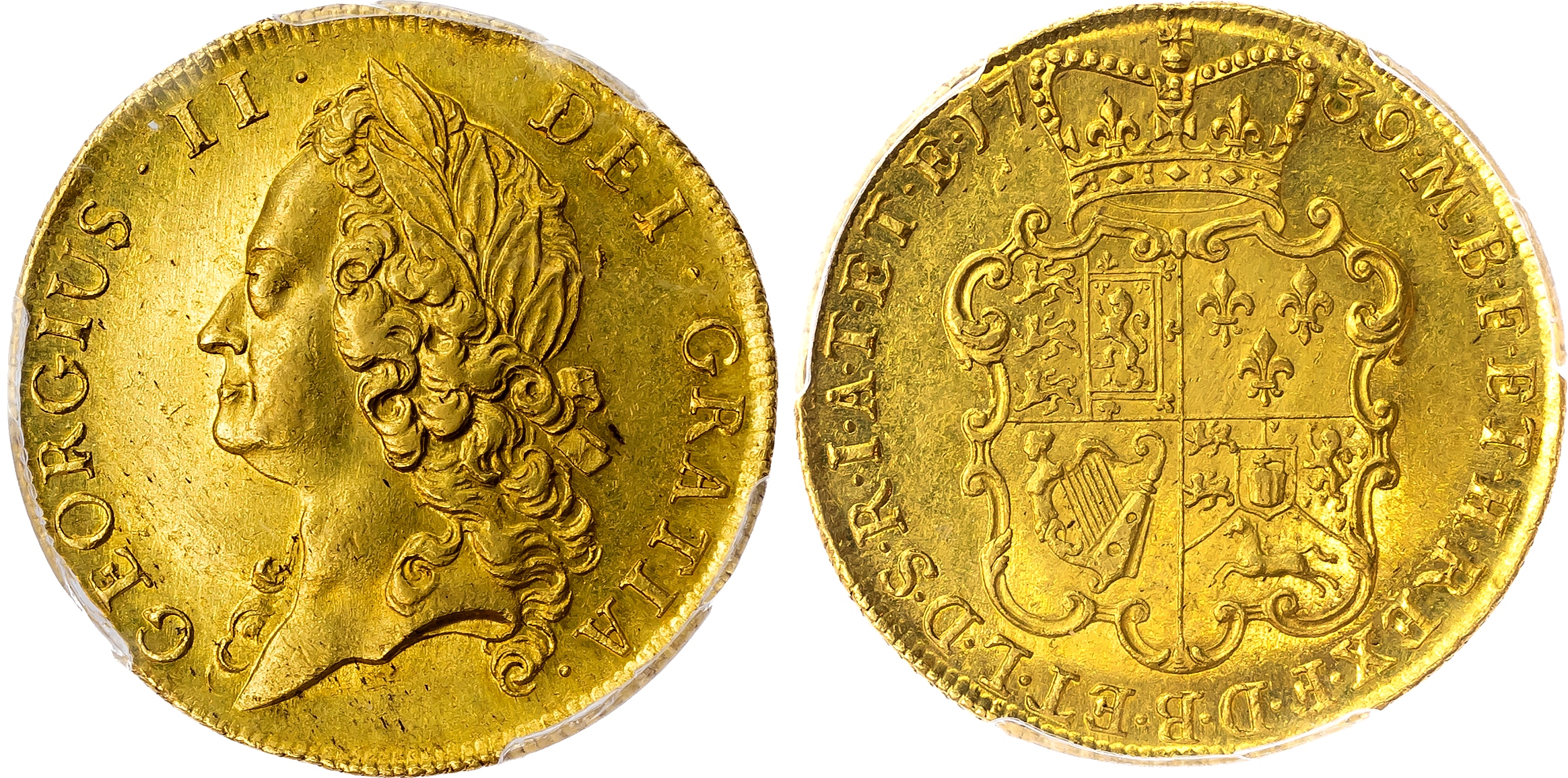 George II (1727-1760), Two-Guineas, 1739, Laureate intermediate head left, rev. crowned garnished shield, seven string t…
