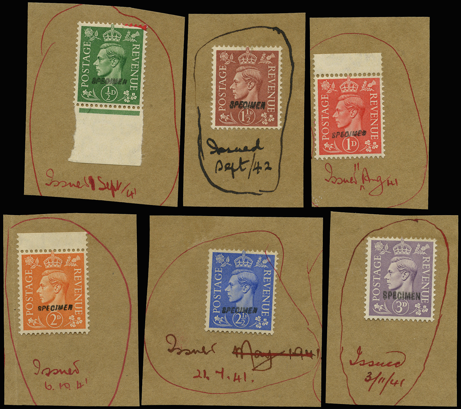 GB 1941  SG485/90s Specimen set of six on printers record paper