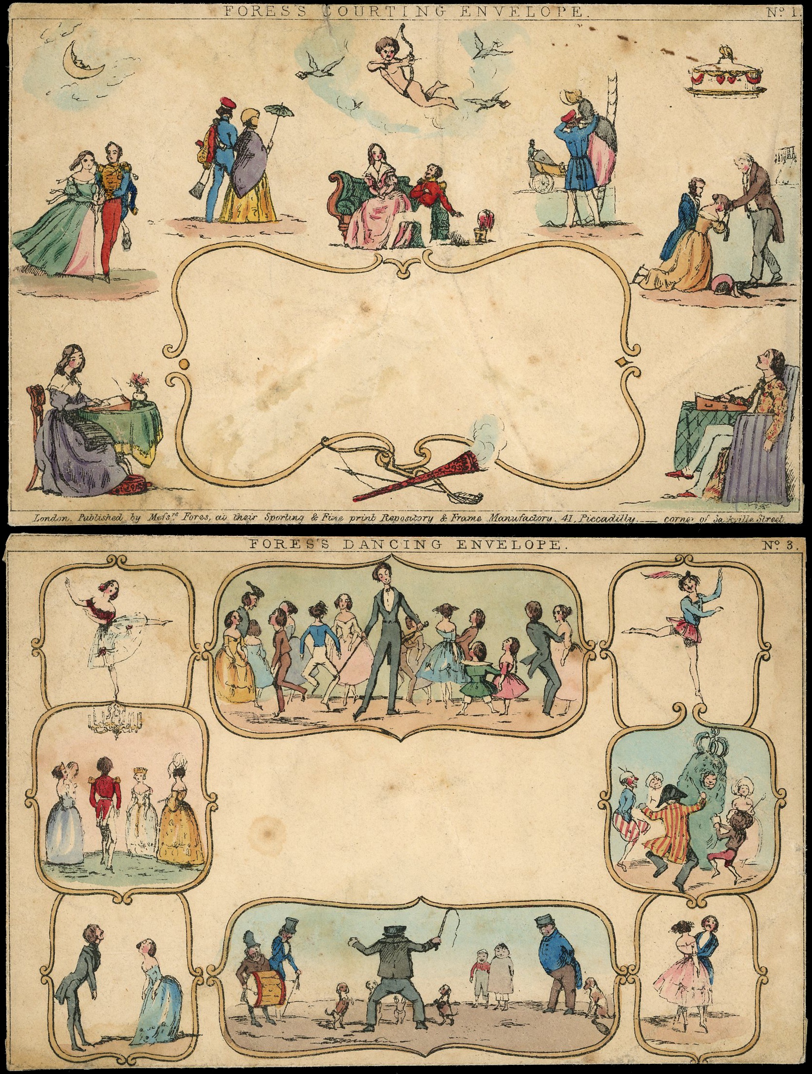 Mulready Caricatures & Pictorial Envelopes. Small group containing Fores’s No.1 ‘Courting’ and No.3 ‘Dancing’ envelopes. 