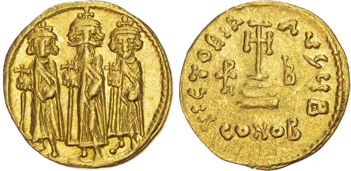 Heraclius, with Heraclius Constantine and Heraclonas (AD 610-641) AV Solidus, Constantinople, AD 639-641, 4.46g.