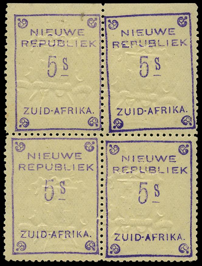 NEW REPUBLIC SG 89 1887 5s VIOLET ON YELLOW UNDATED EMBOSSED ARMS UPRIGHT B4 LPOG