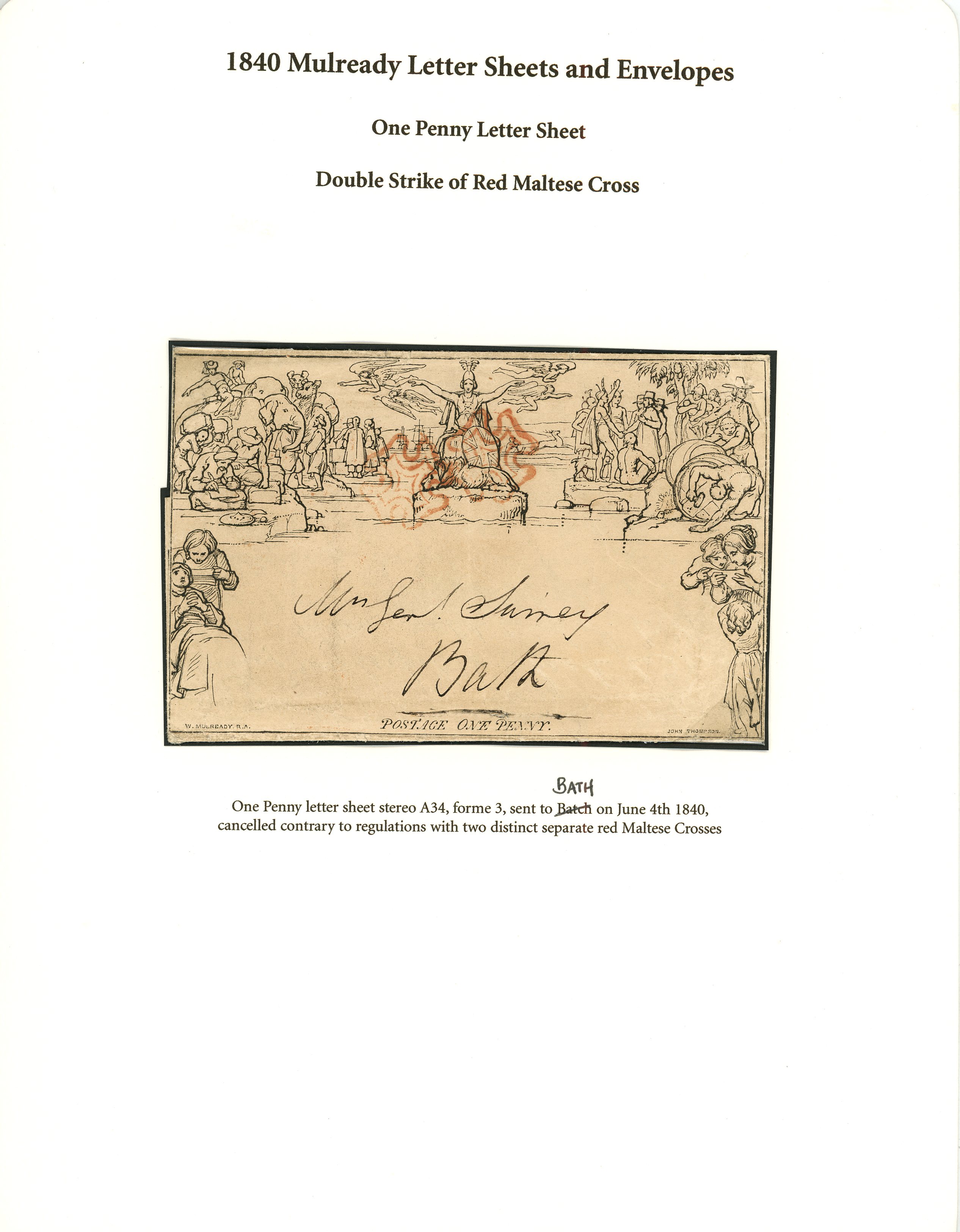 1840 1d black Mulready letter sheet, stereo A34, forme 3, sent locally in Bath June 4th...