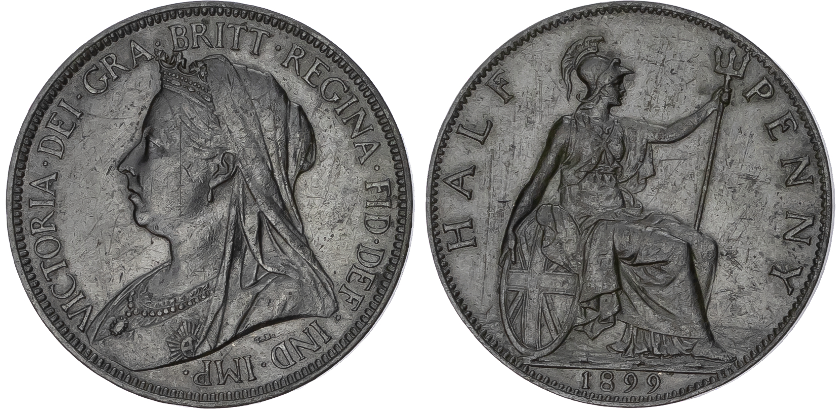 English Milled Coins (George I Farthing 1724, George III Sixpence 1820, Victoria Halfpenny 1899) (3).