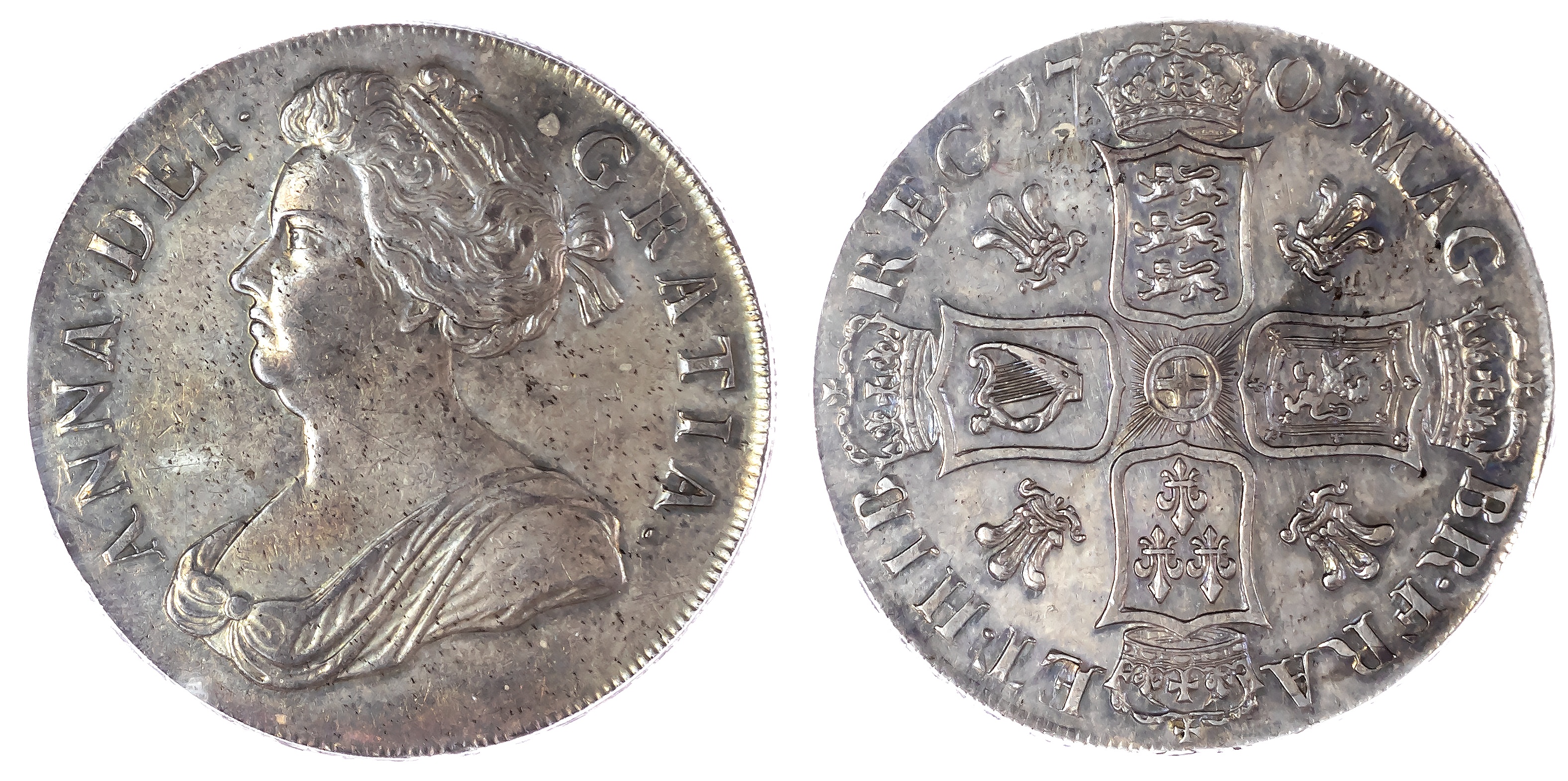Anne (1702‑14), Crown, 1705, Plumes reverse, first draped bust left, toothed outer borders both sides, legend reads ANNA DEI