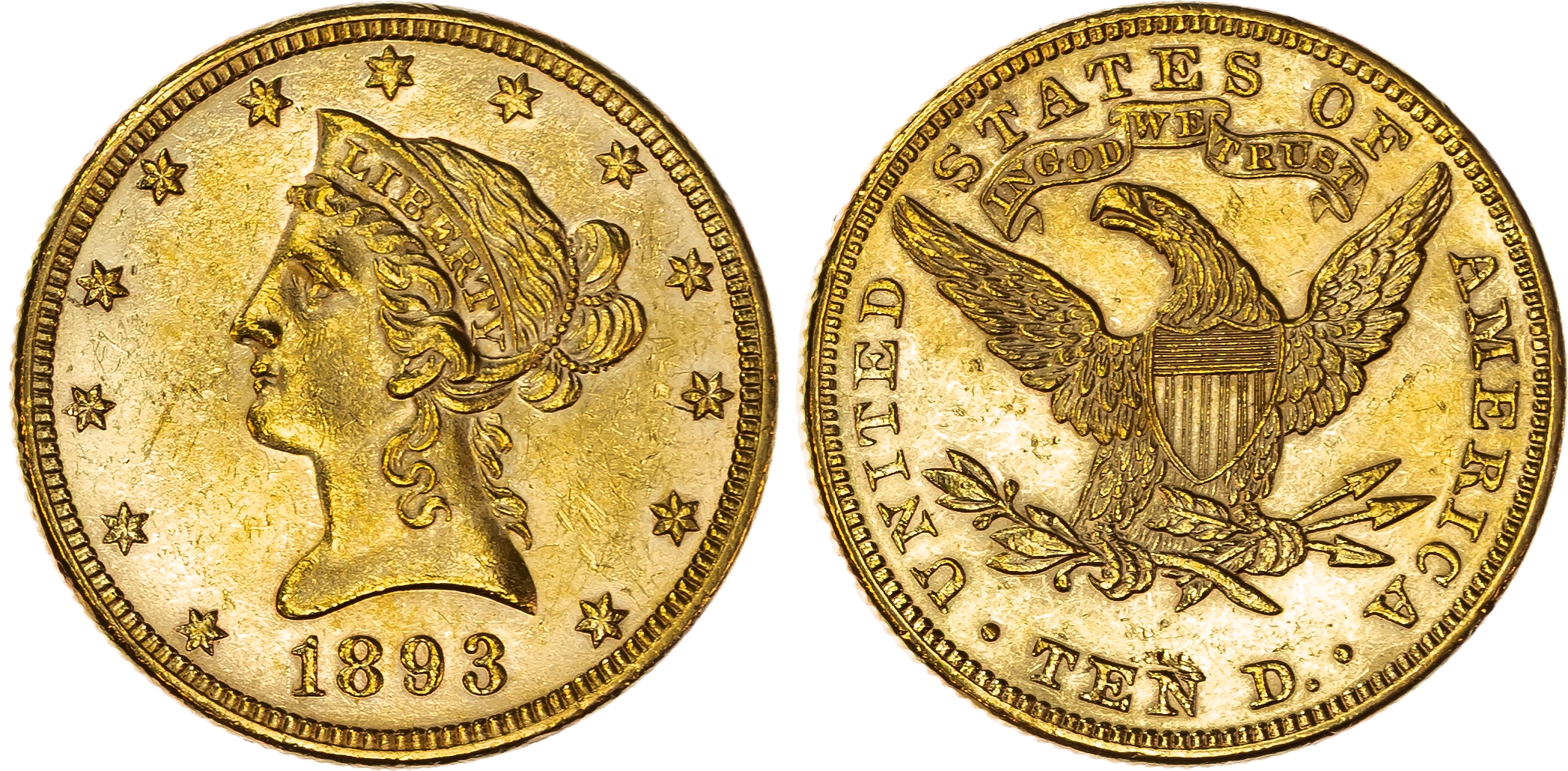USA , Liberty Head Eagle, gold 10 Dollars, 1893, Philadelphia, 16.74g (Fr. 155). About Uncirculated, bagmarks.…
