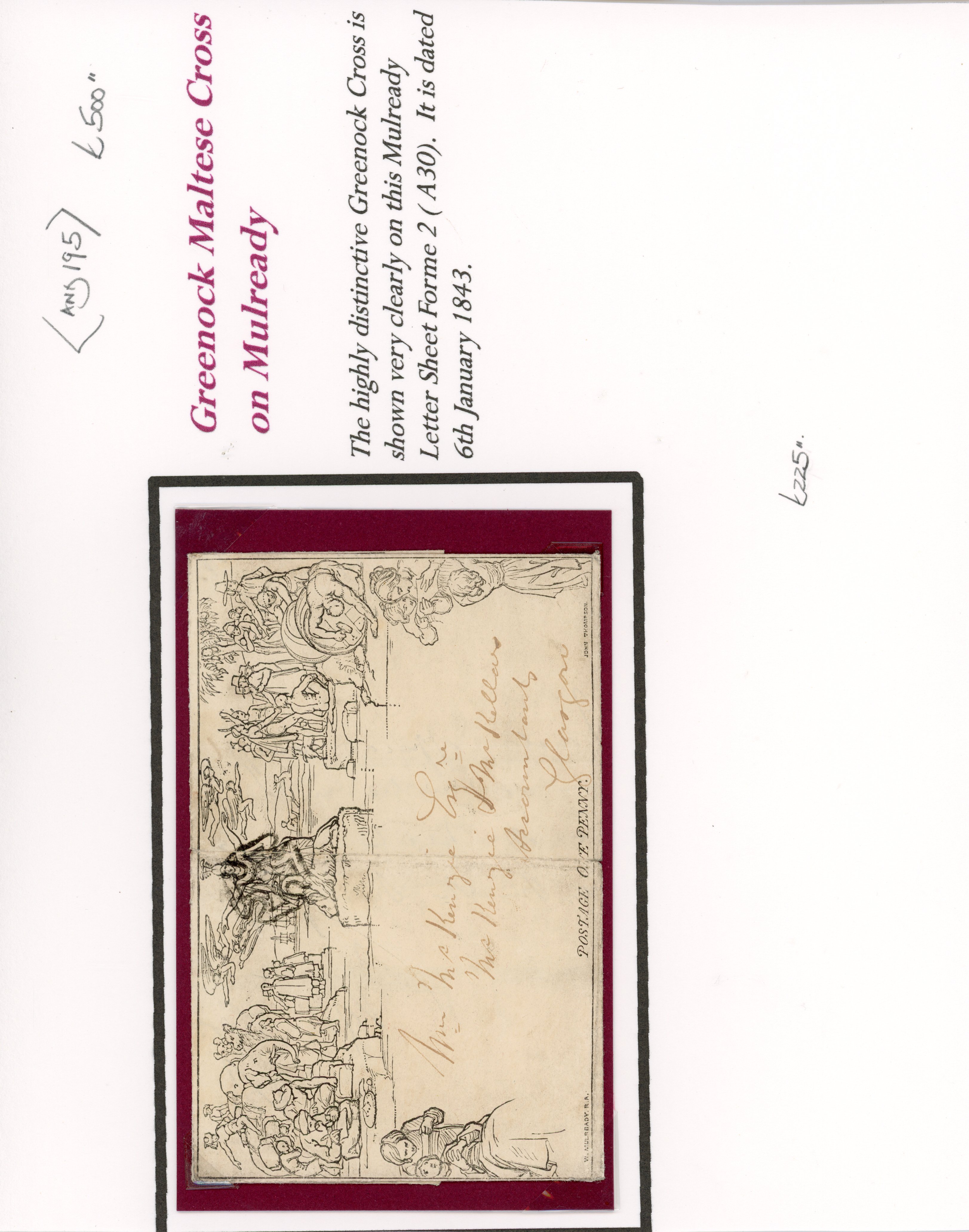 GB 1840 1d Mulready wrapper, Greenock Cross