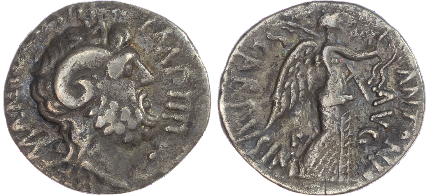 Mark Antony and L. Pinarius Scarpus (31 BC) AR Denarius, Cyrene, 3.65g. M•ANTO•COS•III•IMP•IIII, head of Jupiter Ammon
