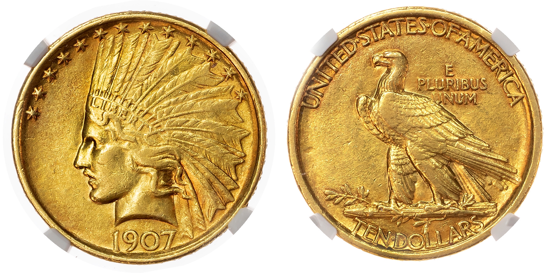 USA, Indian Head, gold 10 Dollars, 1907 - AU 58