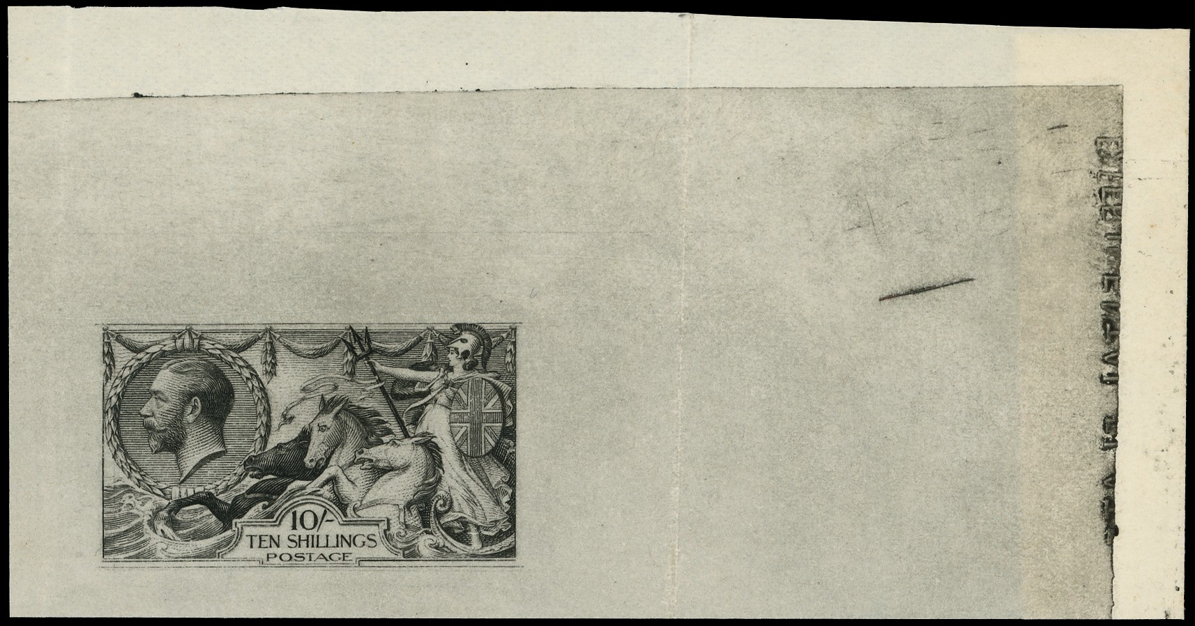1929 10/- Experimental Plate top right single taken from sheet of nine, in black on hard unwatermarked paper