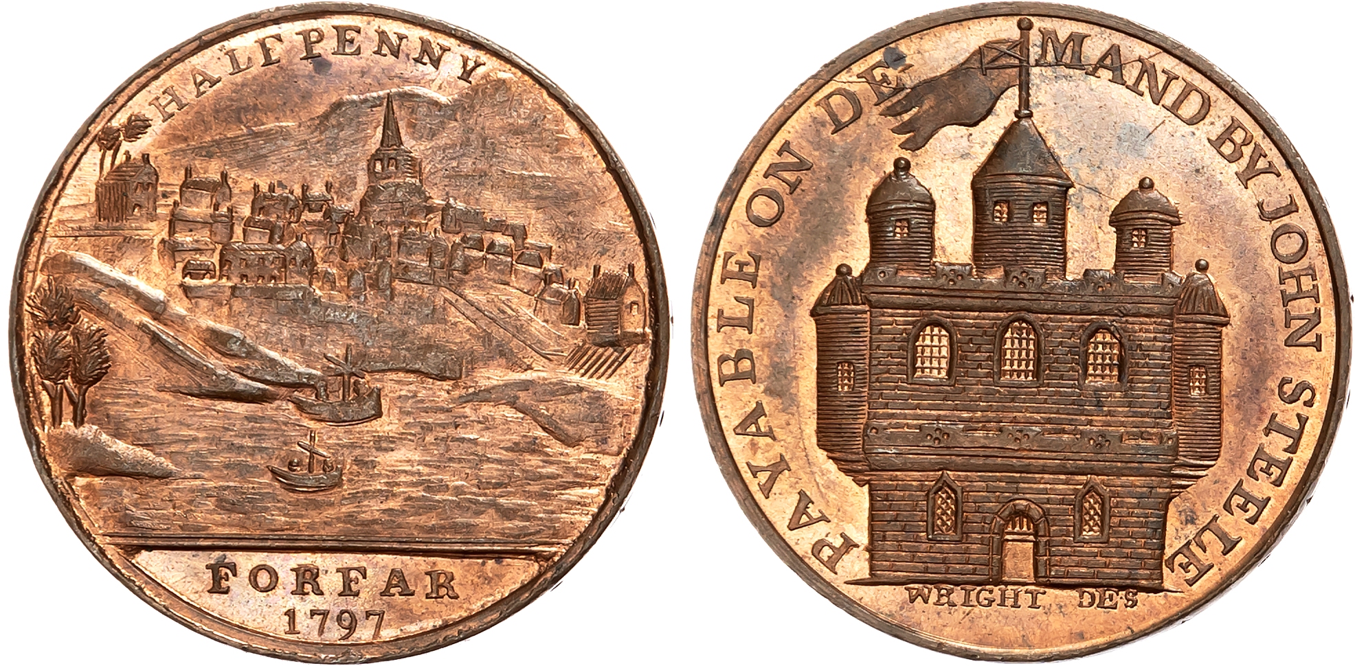 Angus. Forfar , John Steele (linen & woollen draper) Halfpenny 1797, panoramic view of town from the loch, rev . burgh a …