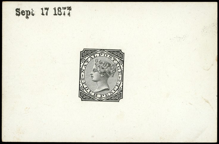 1878 4d Die Proof in black on glazed card 93 x 60mm, dated Sept 17 1877, otherwise unmarked.  Fine.  For SG...