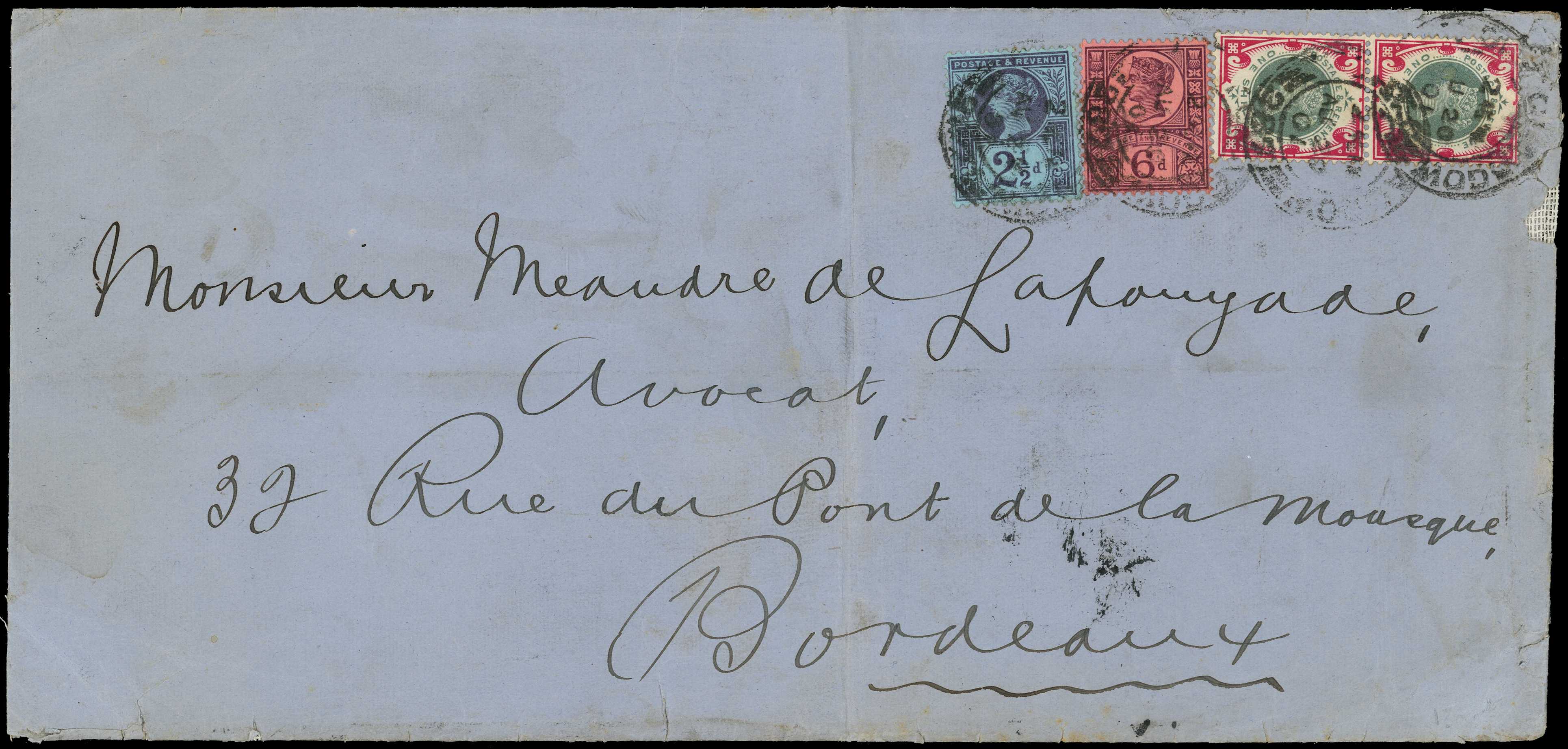 Postal History. 1901 blue linen envelope (10...