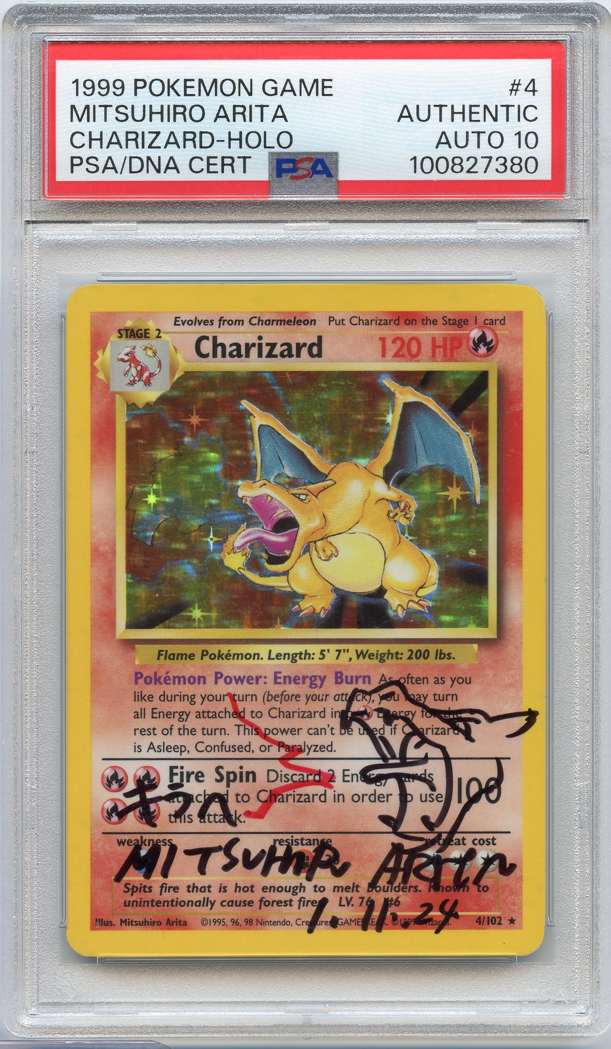 PSA Auto 10 Charizard #4 Holo Base Set - Sketch and Signature by Mitsuhiro Arita 