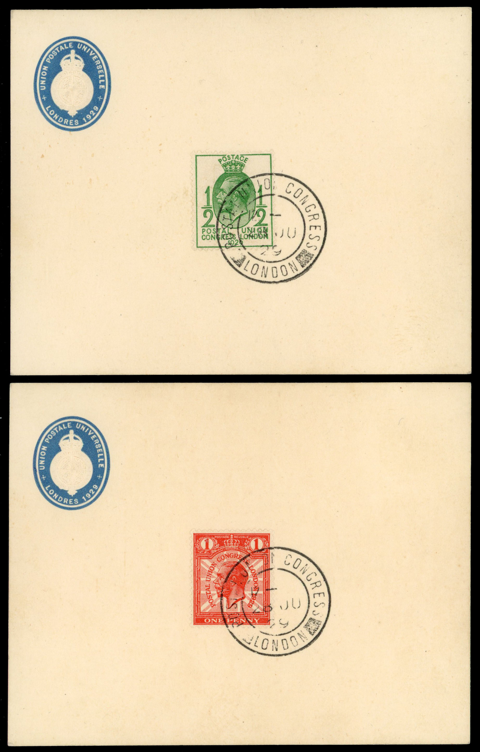 1929 ½d-£1 Postal Union Congress. Set of 5 values on London U.P.U. stationery