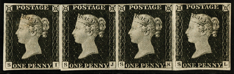 1840 1d Black Pl.2 Unused o.g. horizontal strip four. SG2