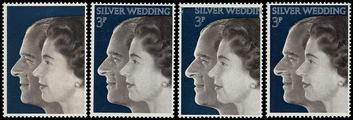 GB: 1972 3p Royal Silver Wedding silver omitted plus another single showing substantial shift to right
