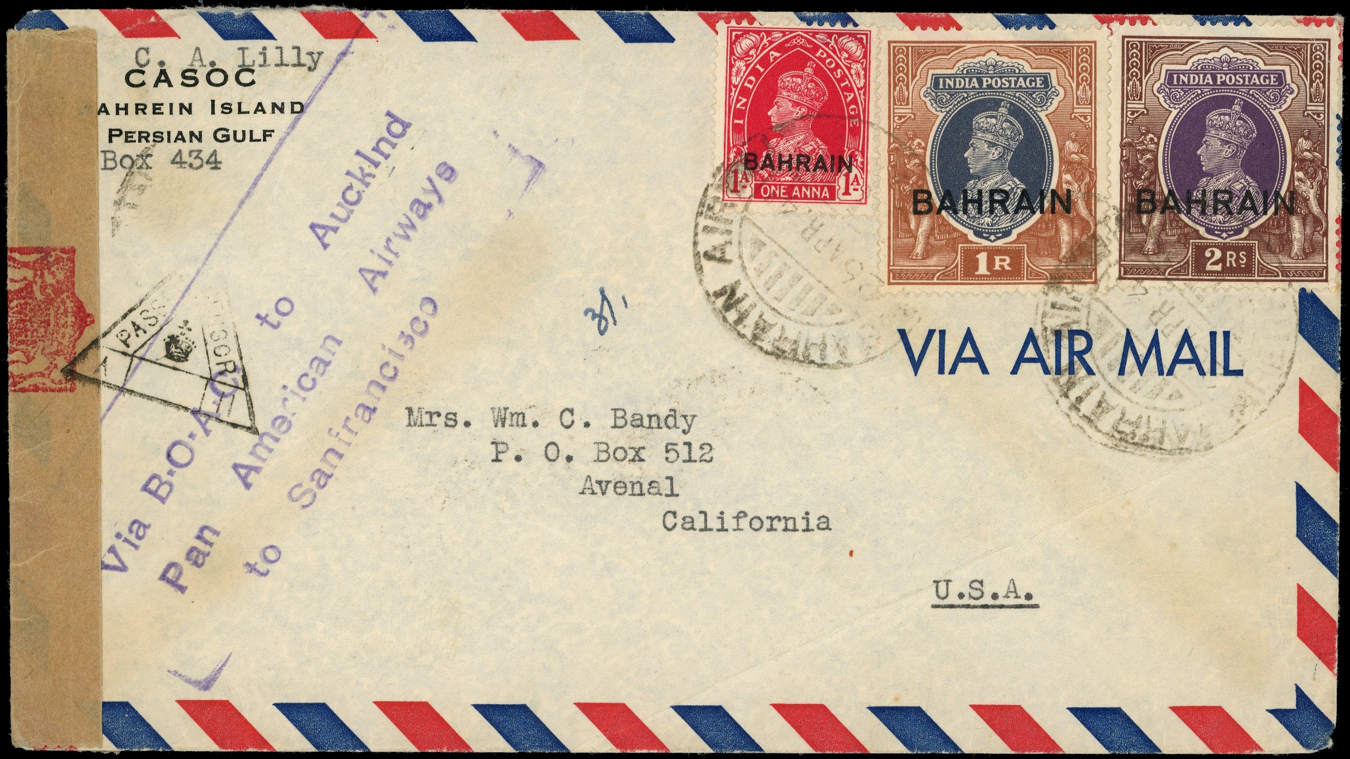 BAHRAIN: 1941 cover to USA bearing 1a, 1r and 2r tied Bahrain Air Persian Gulf cds ‘25 APR 40’, “Via BOAC to Aucklnd/