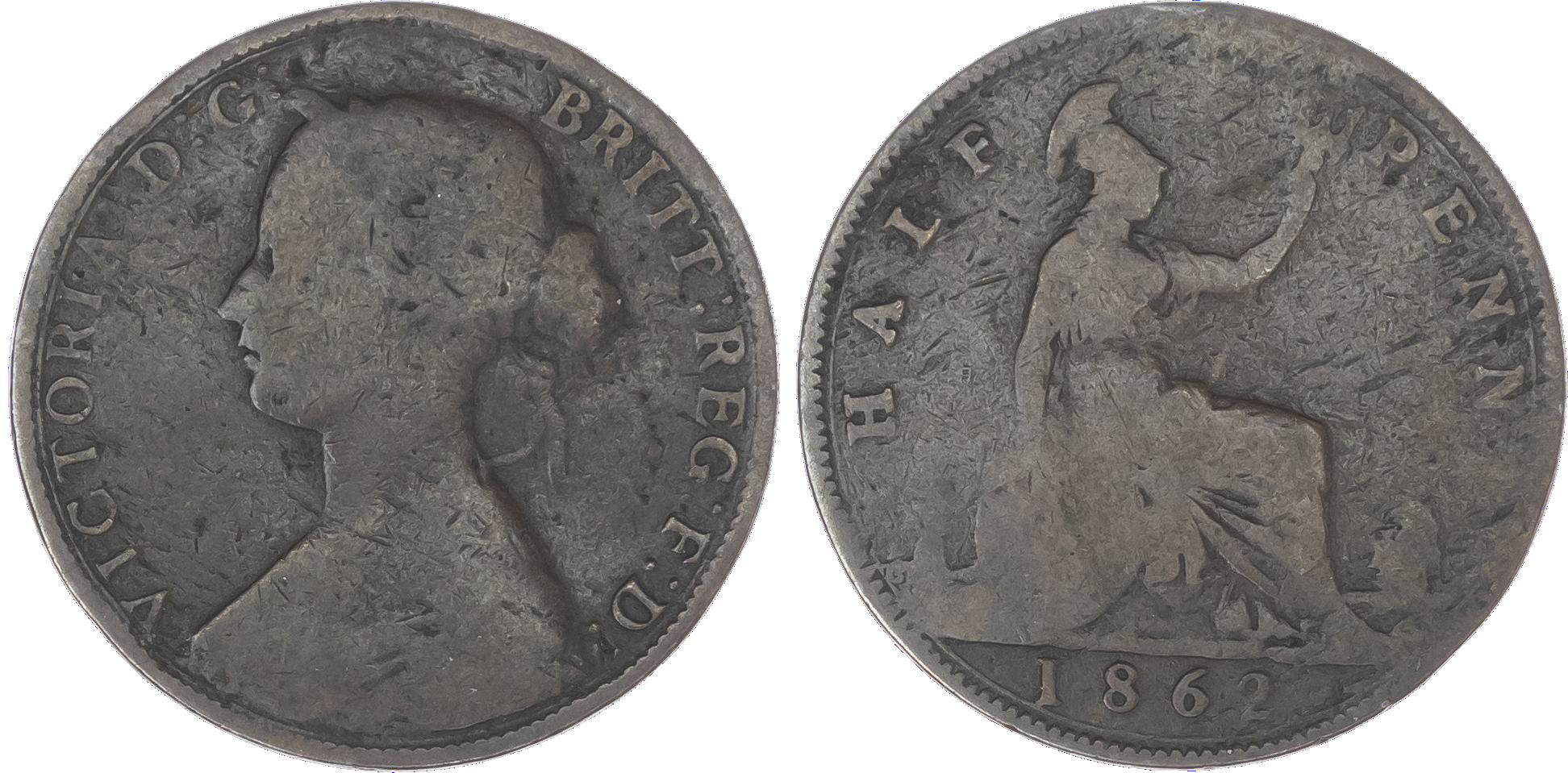 Victoria (1837‑1901), Halfpenny, 1862, letter C, laureate and draped bust left, rev. Britannia seated right, letter C on