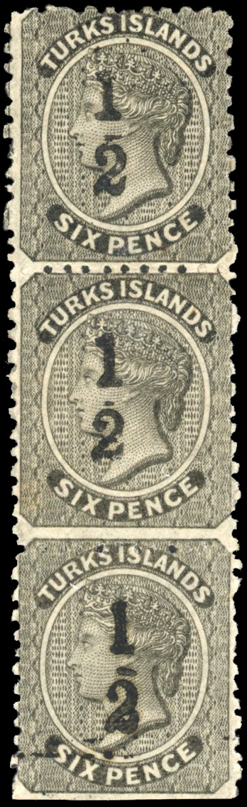Turks Islands 1881 setting 2 ½ on 6d strip of three
