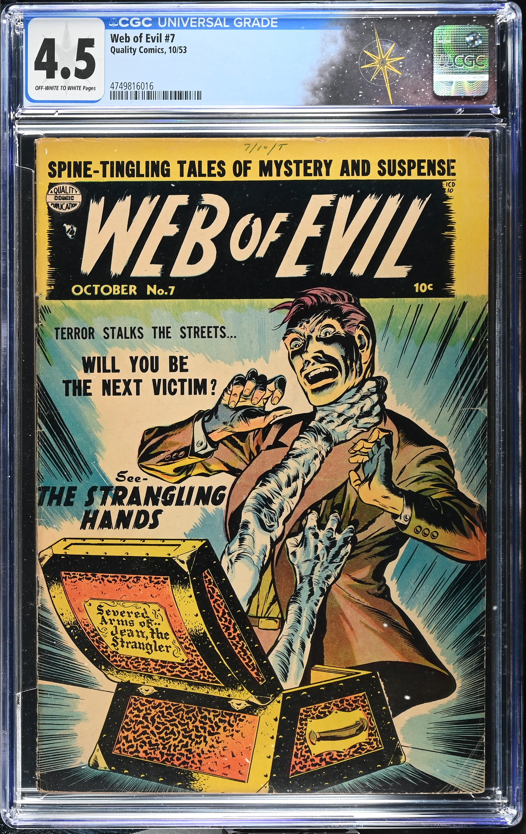 Web of Evil #7 CGC 4.5 Strangulation Cover by Jack Cole (Quality Comics, 1953) Off-White to White Pages