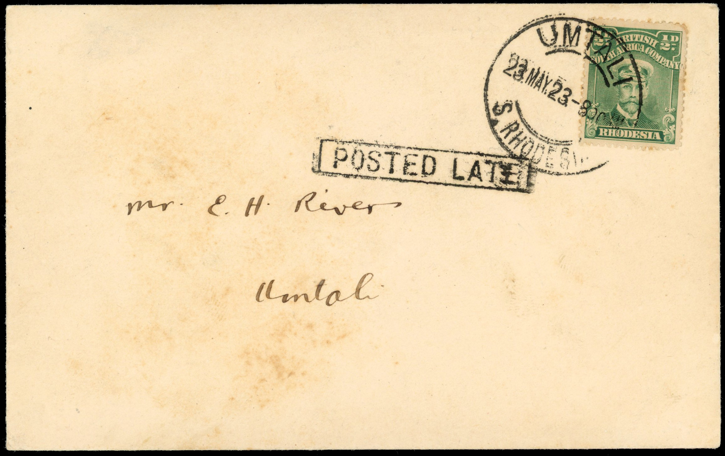 Rhodesia 1923 envelope used locally at Umtali