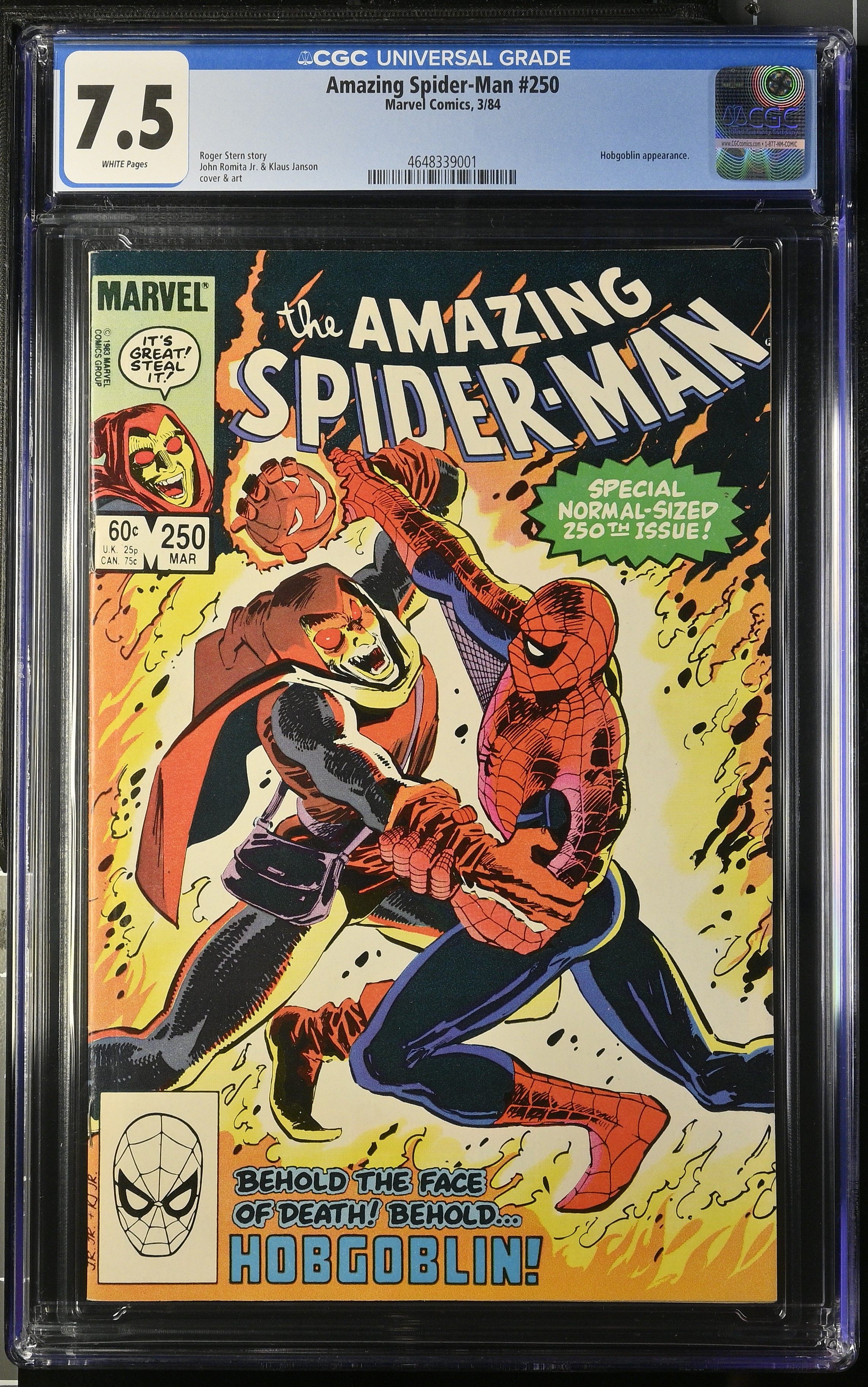 Amazing Spider-Man #250 CGC 7.5 Hobgoblin Cover by John Romita Jr. & Klaus Janson (Marvel Comics 1984) White Pages