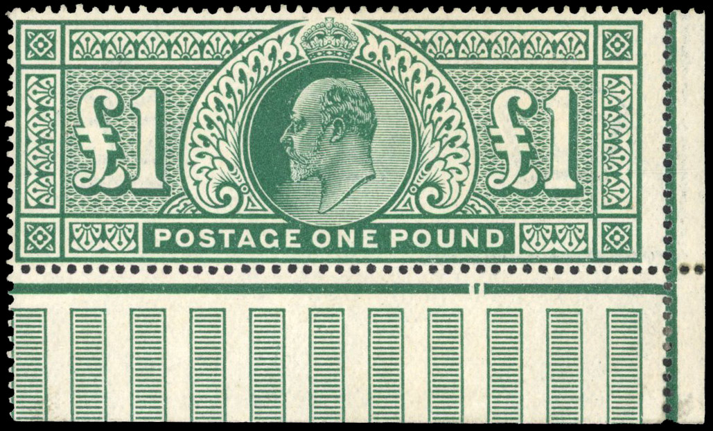 GB: 1911 £1 deep green, lower right hand corner marginal example, fine o.g. SG 320