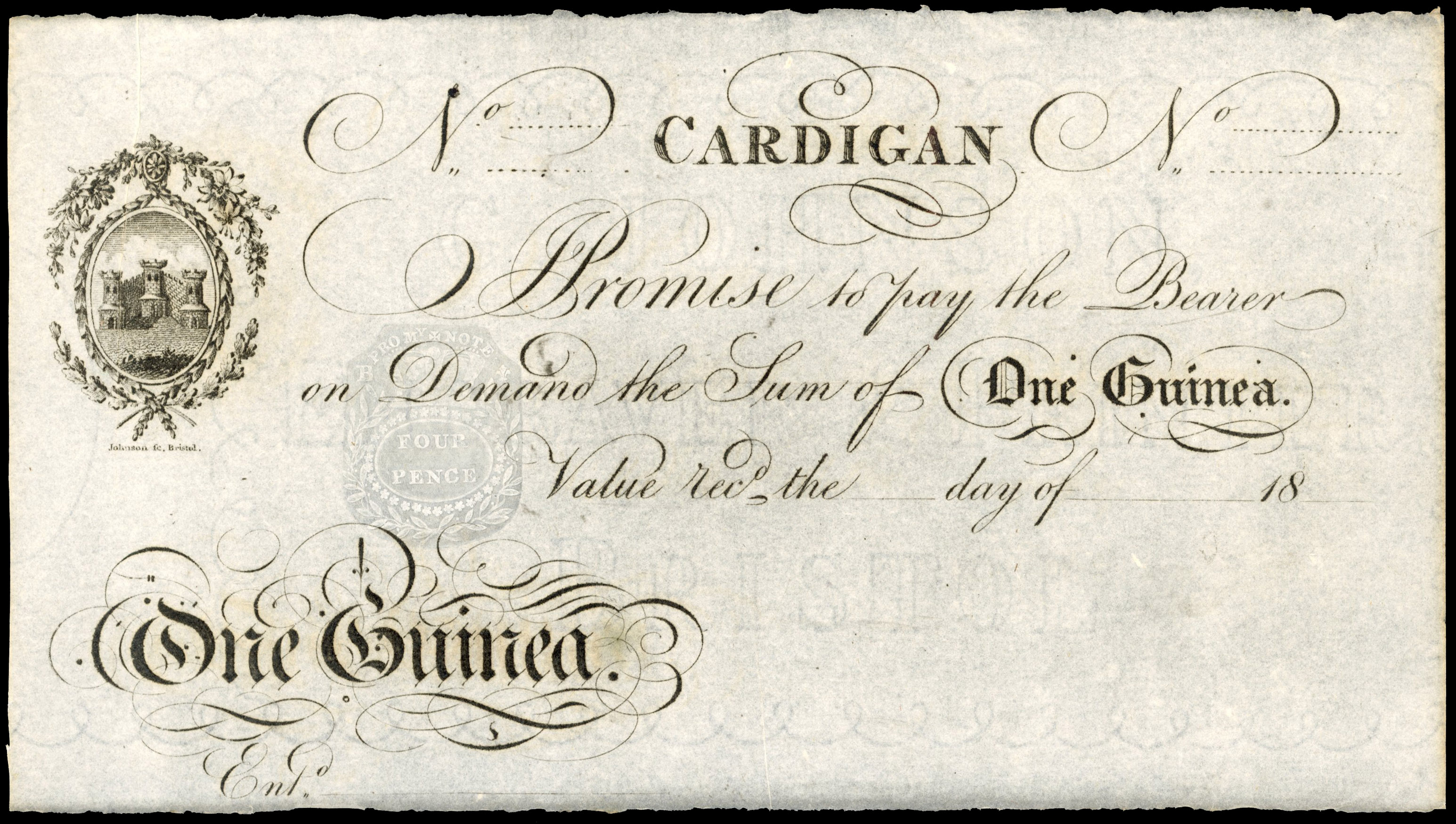 CARDIGAN, No Trading Name for (Wilkins, Wilkins, Jones, Church & Co.), Unissued One guinea, undated (1830s), n…