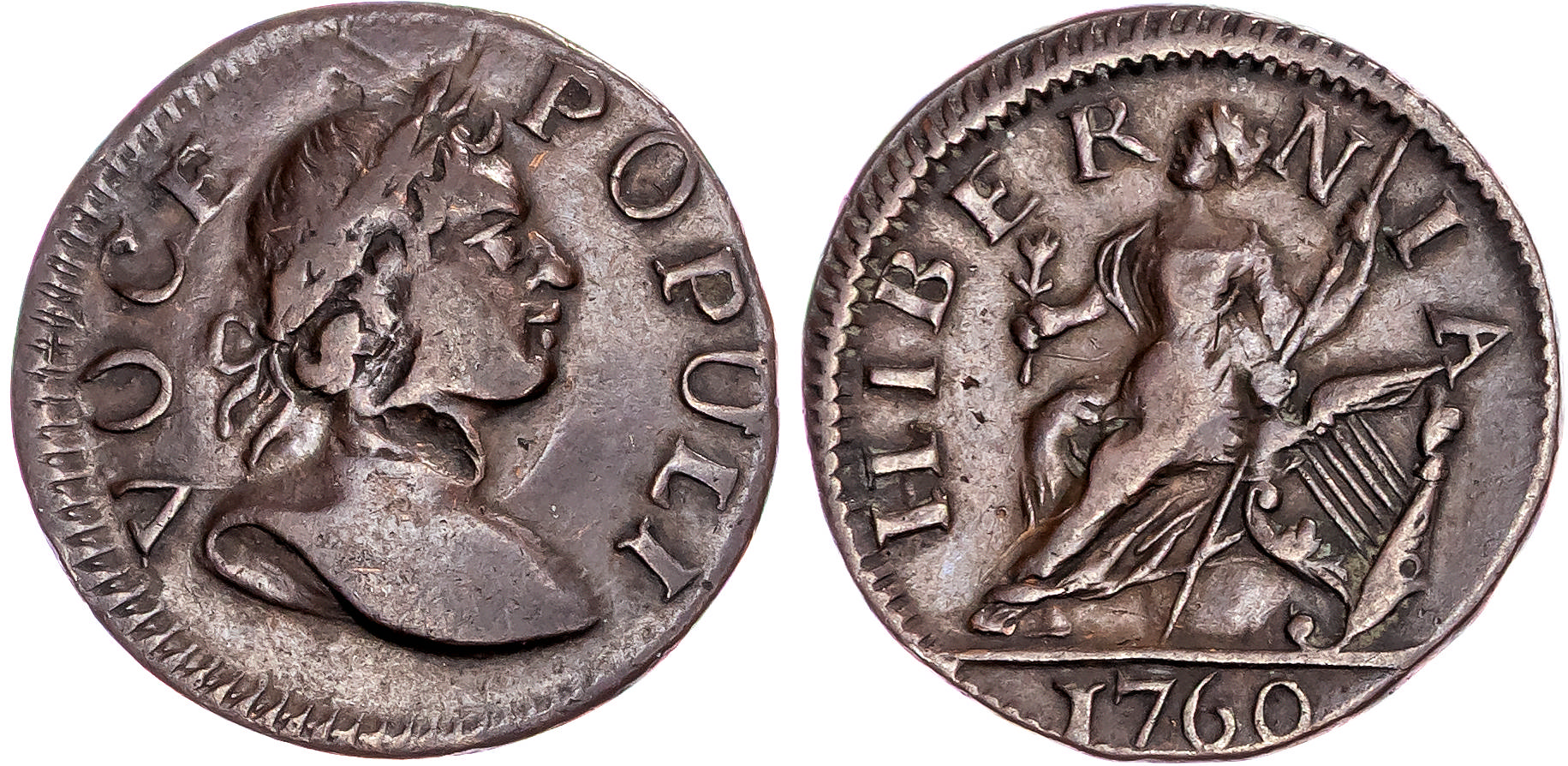 Ireland/Colonial America, Voce Populi coinage, AE Farthing, 1760.