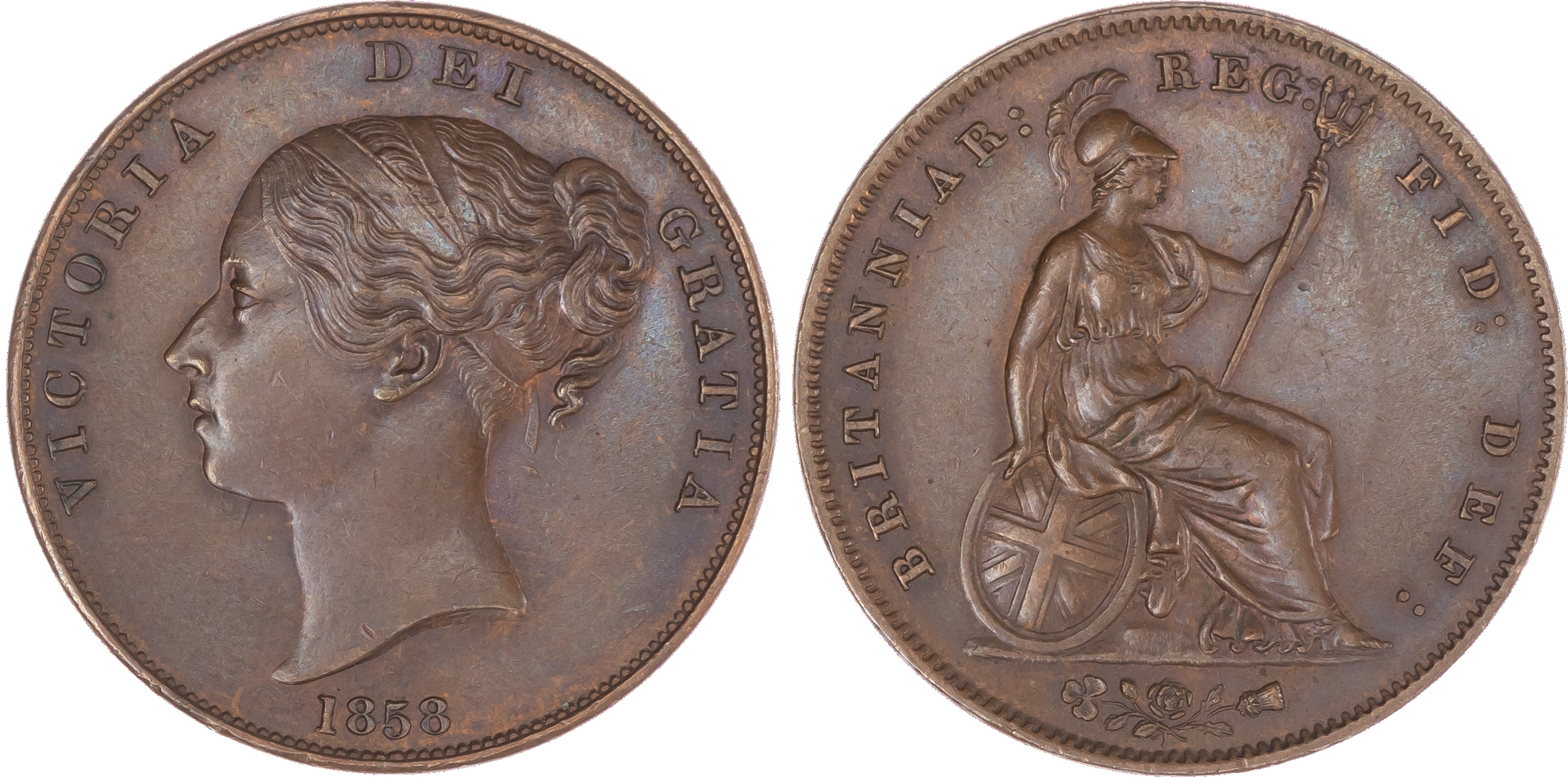 Victoria (1837-1901), Penny, 1858, ornamental trident, young head left date below, legend surrounds VICTORIA DEI GRATIA, no